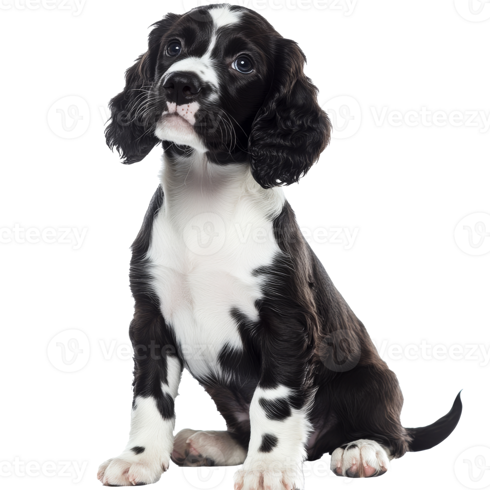 Playful black and white puppy sitting happily png
