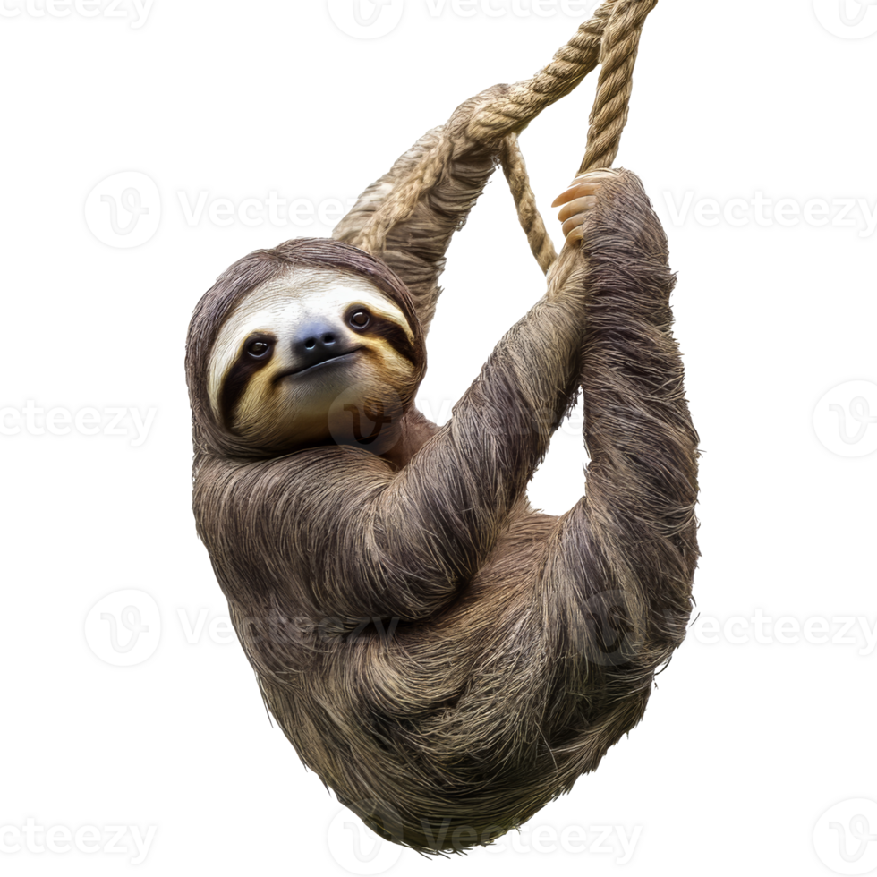 Sloth hanging on a rope in a playful manner png
