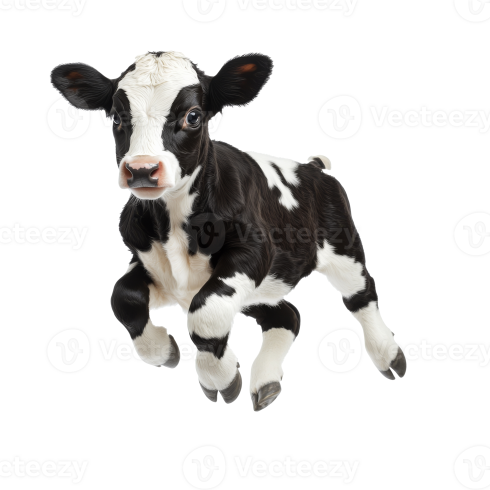 Brown and white calf jumping indoors at dusk png