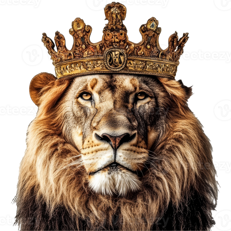 Majestic lion wearing an ornate crown in studio png