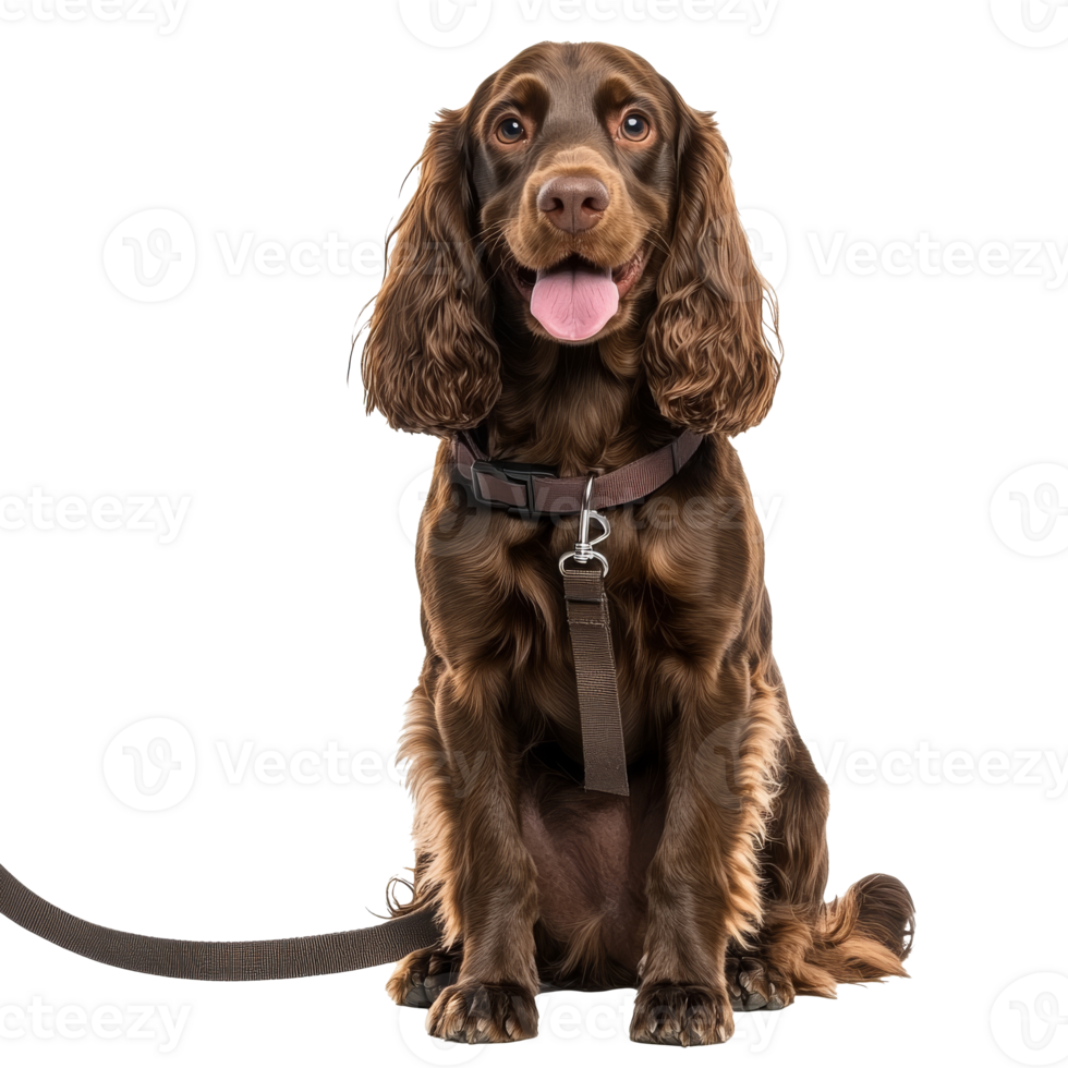 Happy brown dog sitting calmly on a leash png