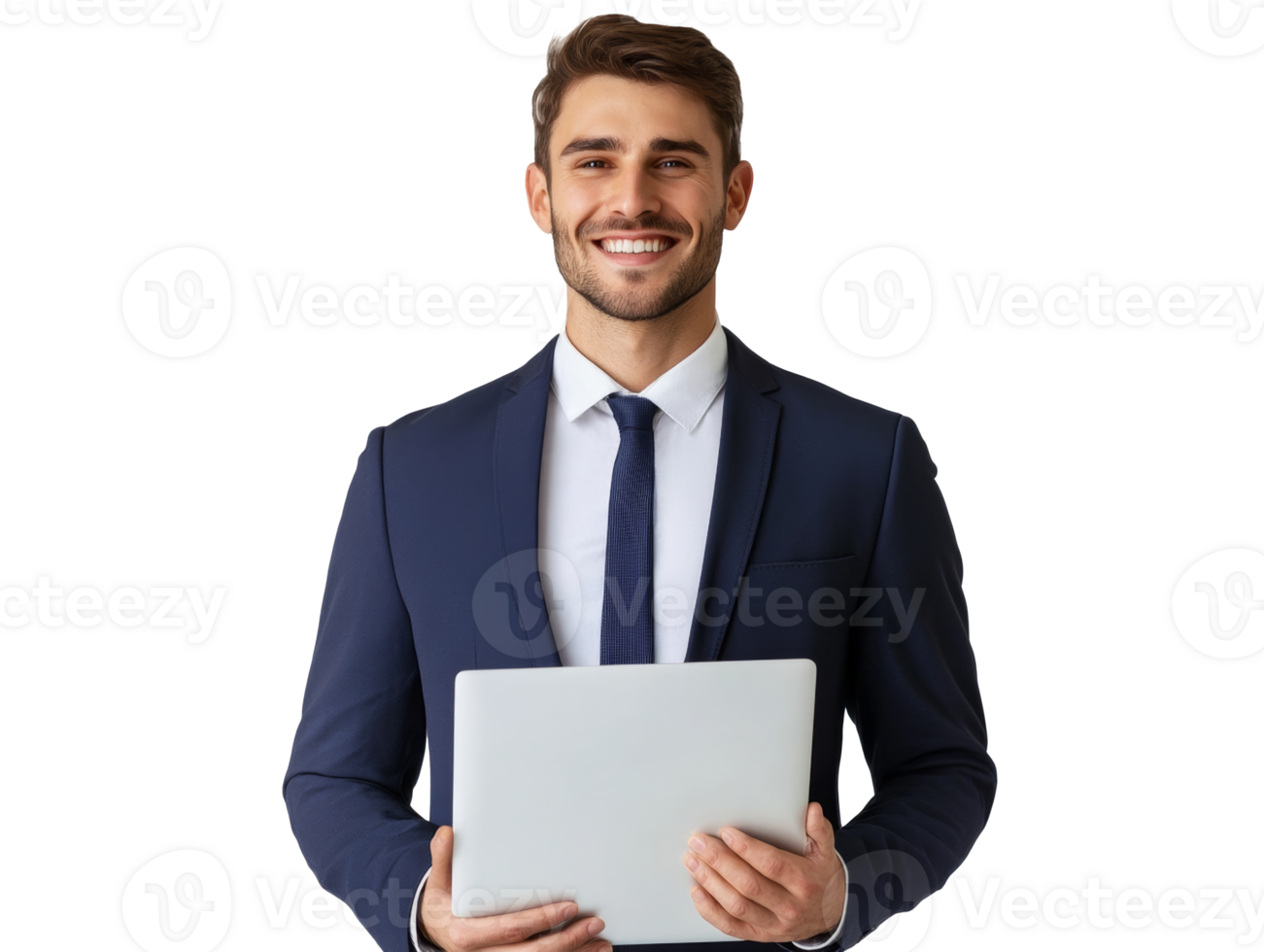 Confident young man in suit with laptop png