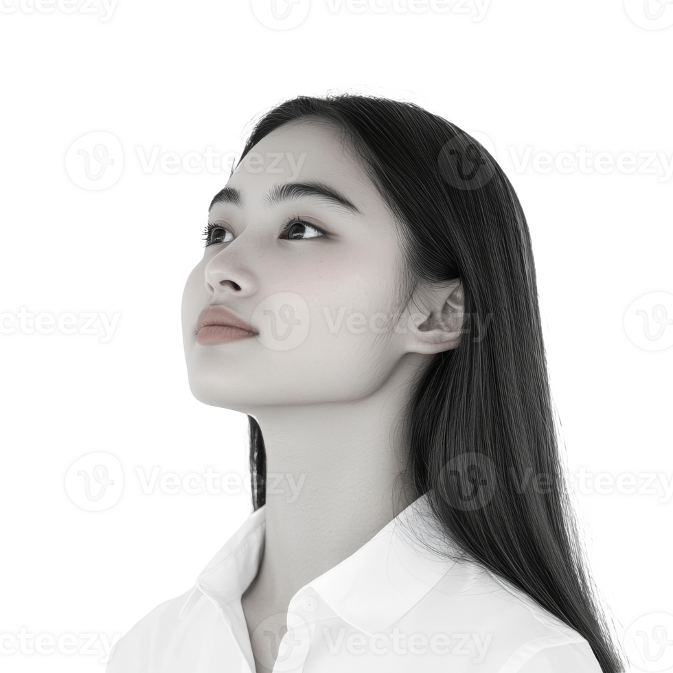 Young woman gazing upward in a studio setting png