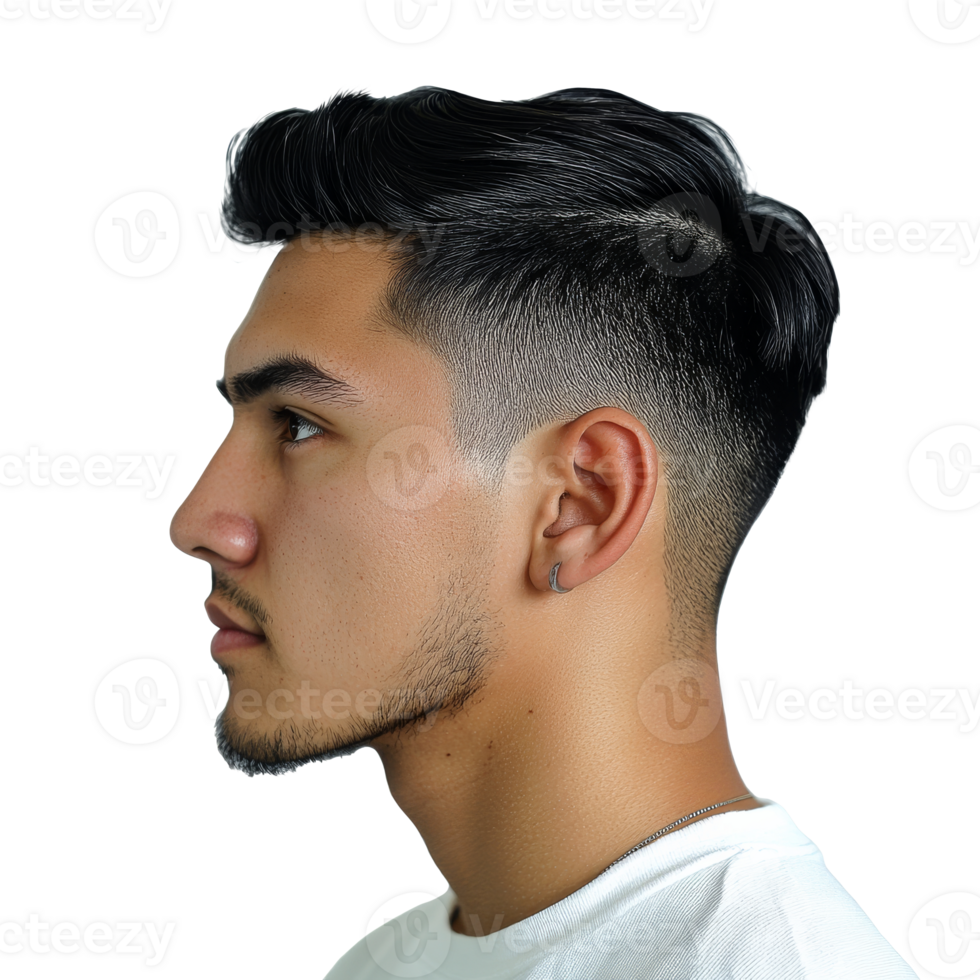 Young man with stylish haircut in profile view png