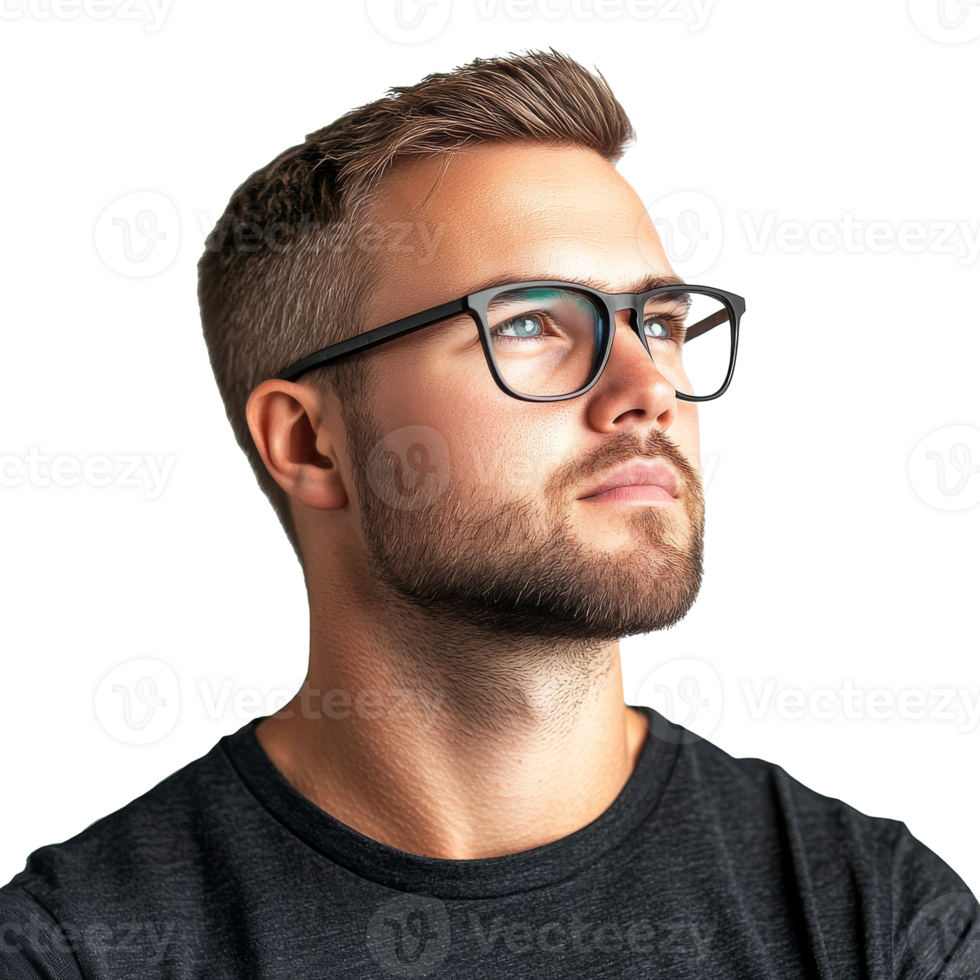 Young man with glasses looking thoughtfully upward png