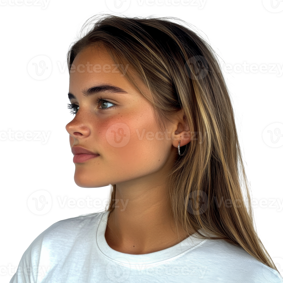 Young woman with long hair in profile view png
