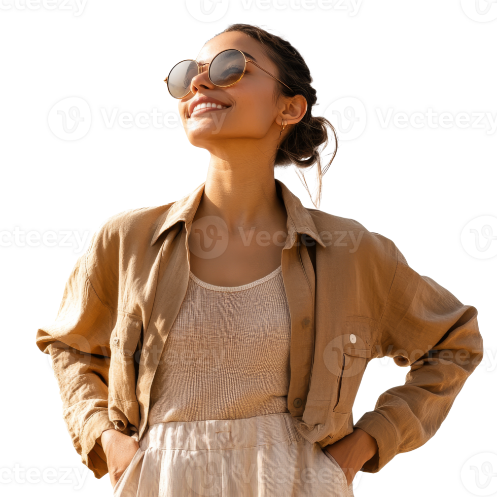 Smiling woman with sunglasses in sunny setting png