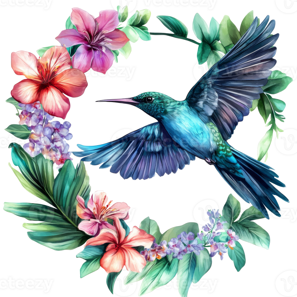 Colorful hummingbird surrounded by vibrant flowers png