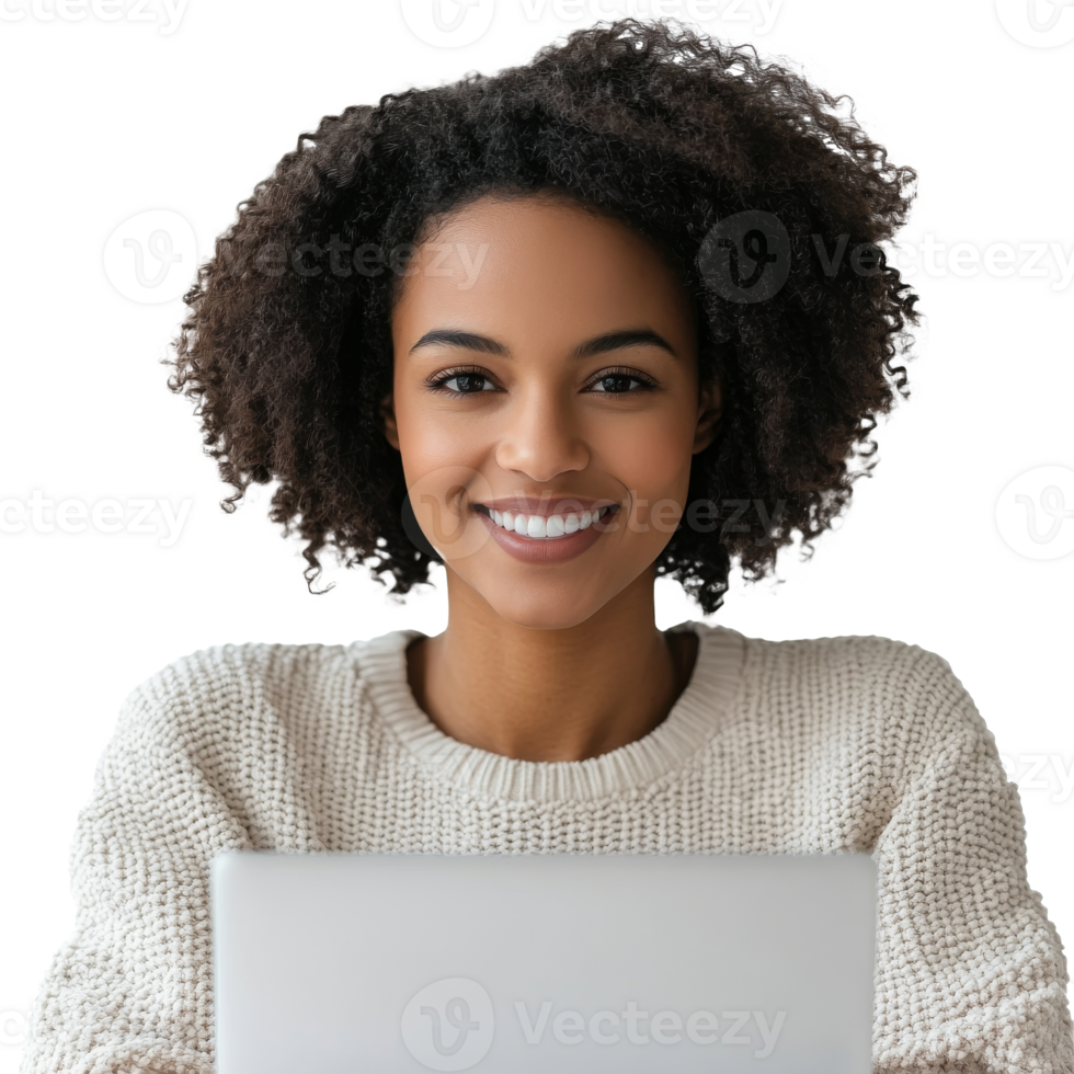 Smiling woman with laptop at home working remotely png