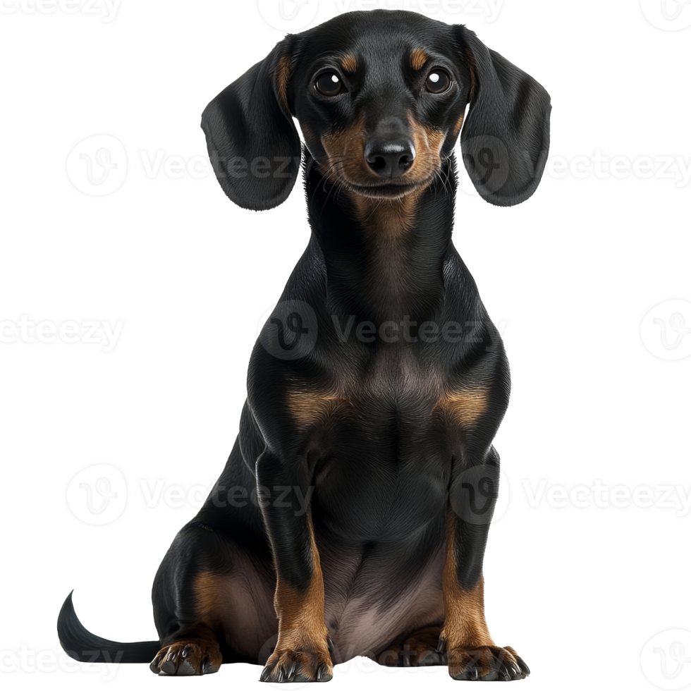 Cute black dachshund puppy sitting calmly indoors png