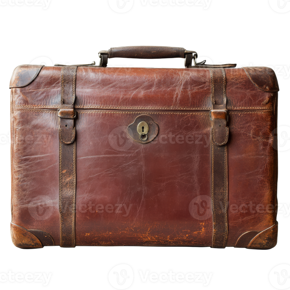 Vintage brown leather suitcase with worn details png
