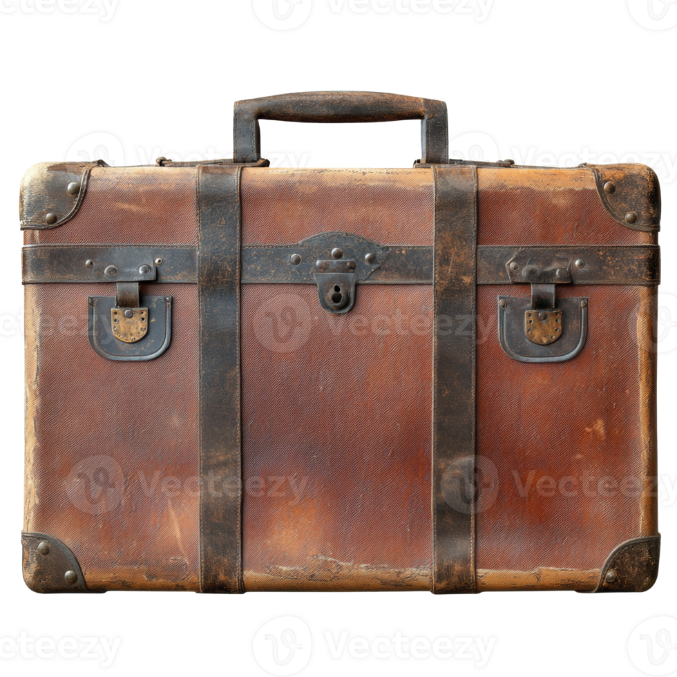 Vintage leather suitcase with metal trim png