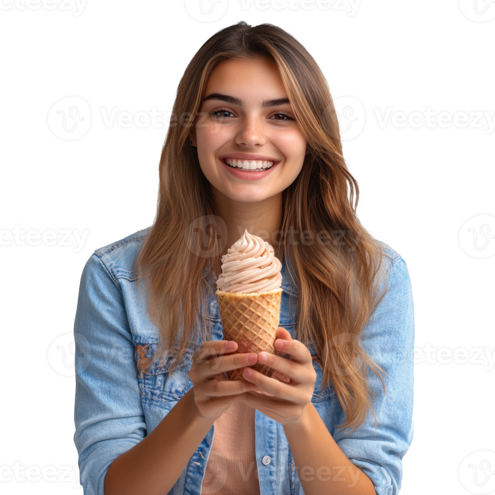 Young woman enjoying soft serve ice cream cone png