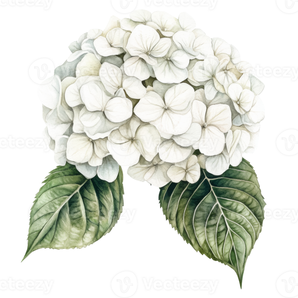 Beautiful white hydrangea with green leaves png