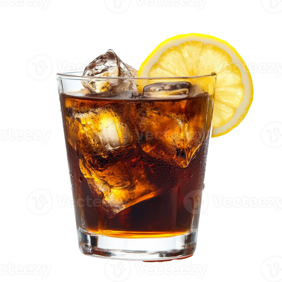 Refreshing drink with lemon slice and ice cubes png