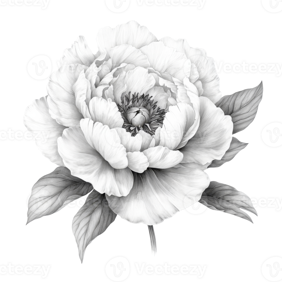 Hand drawn peony with detailed leaves png