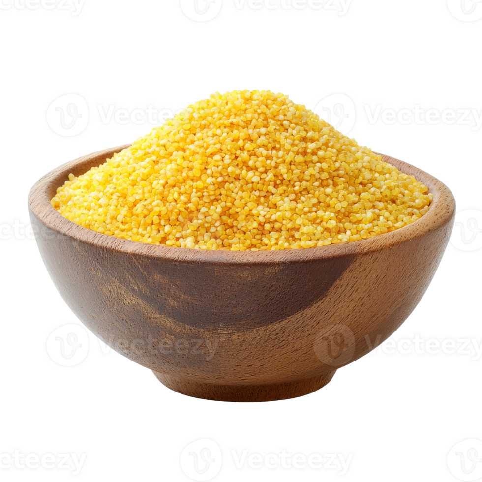 Bowl of yellow cornmeal displayed on a table png