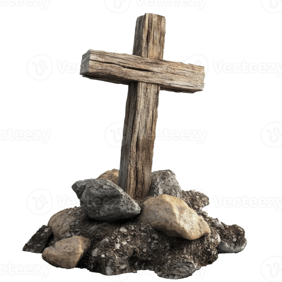 Wooden cross on a rock formation in sunlight png
