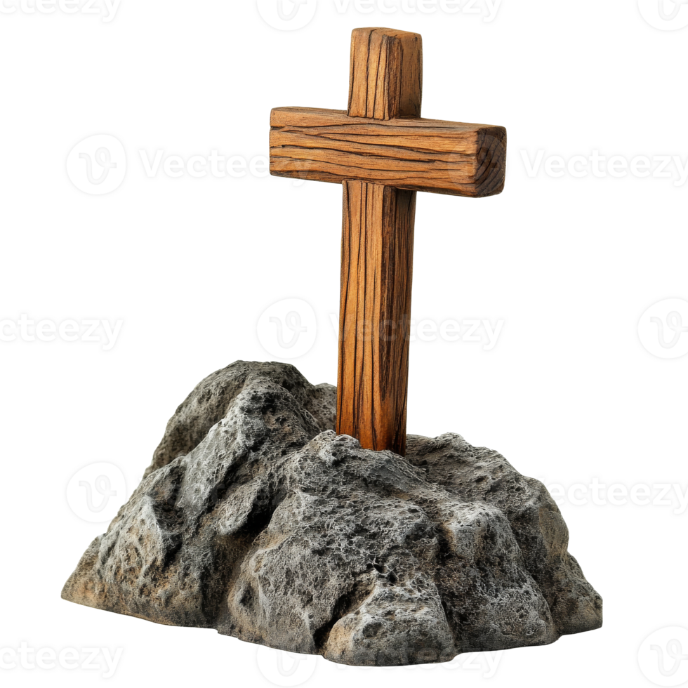 Wooden cross on rocky base in tranquil setting png
