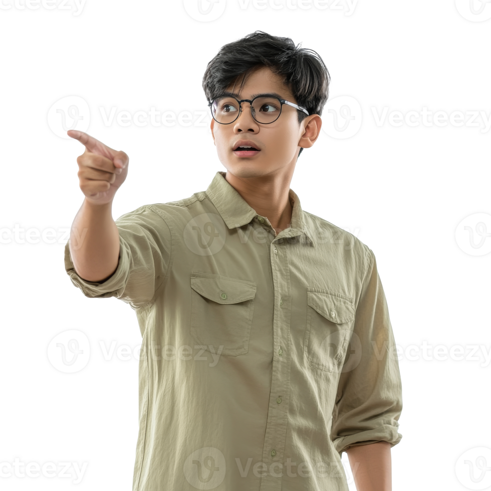 Young man pointing with curiosity in casual attire png
