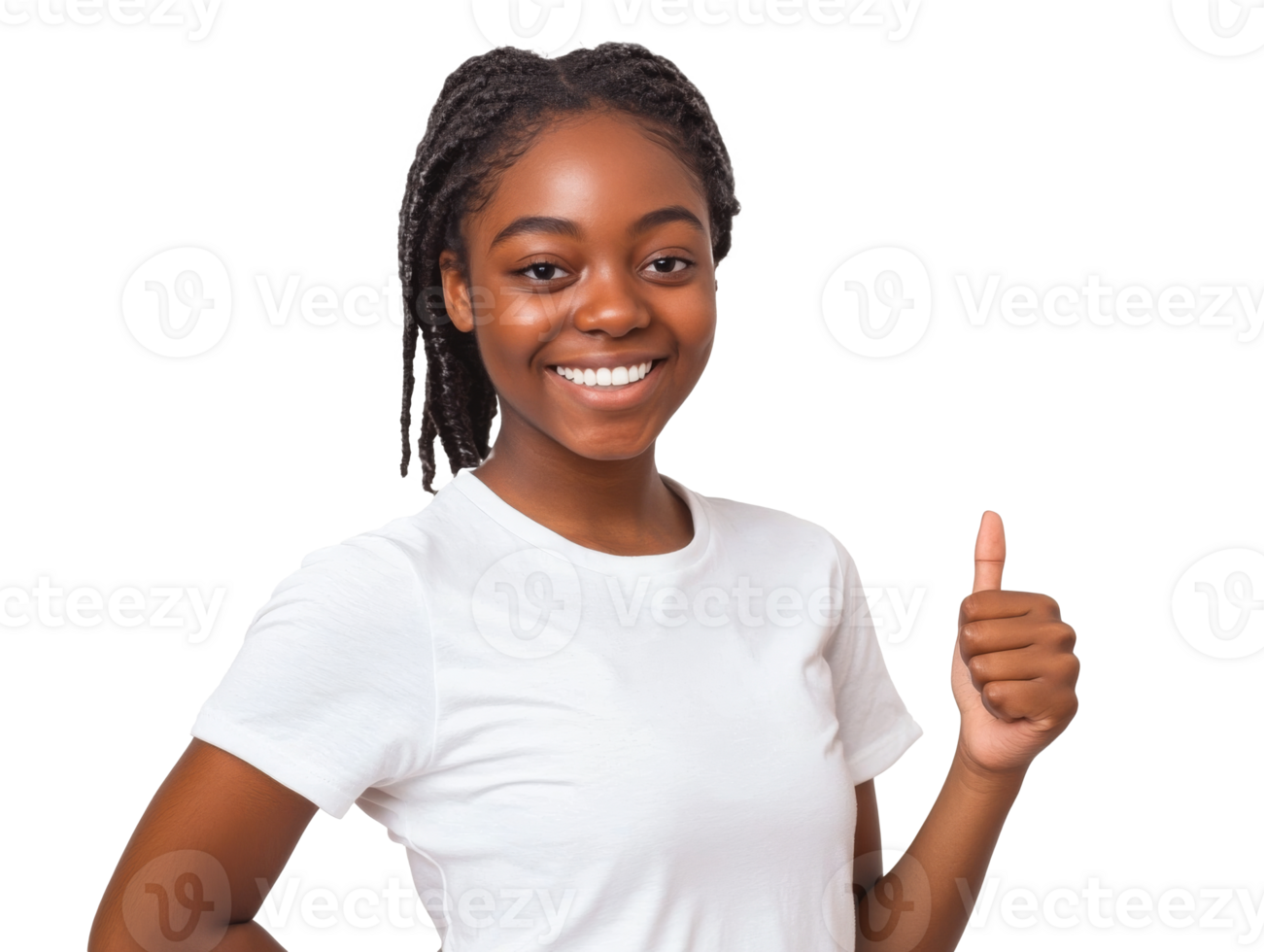 Smiling girl giving thumbs up in simple setting png