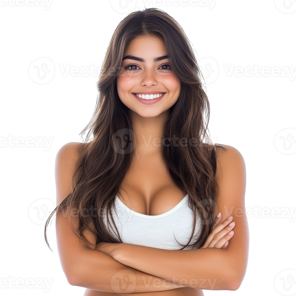 Smiling young woman with long hair and confidence png