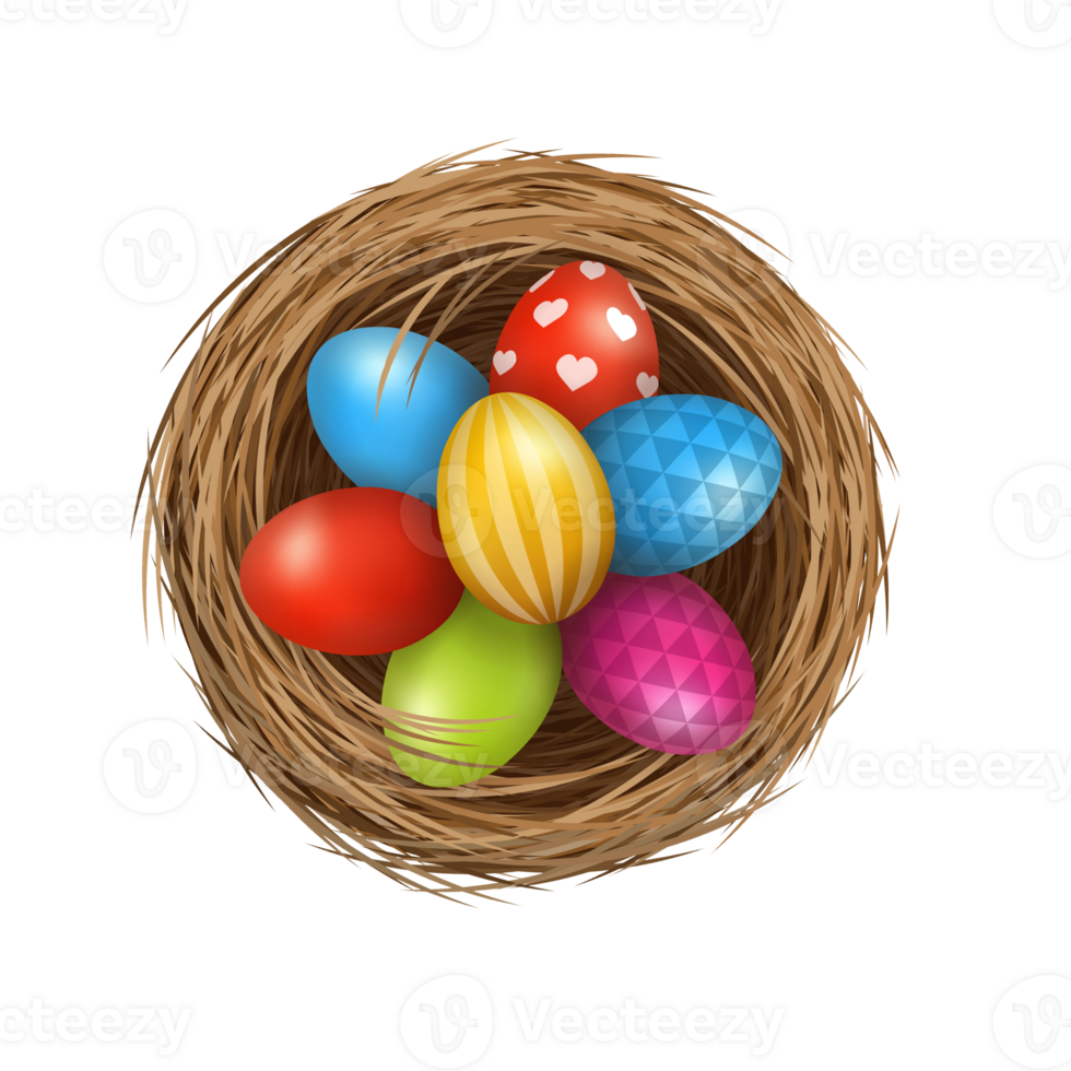 Easter eggs on wild bird nest from straw and twigs png