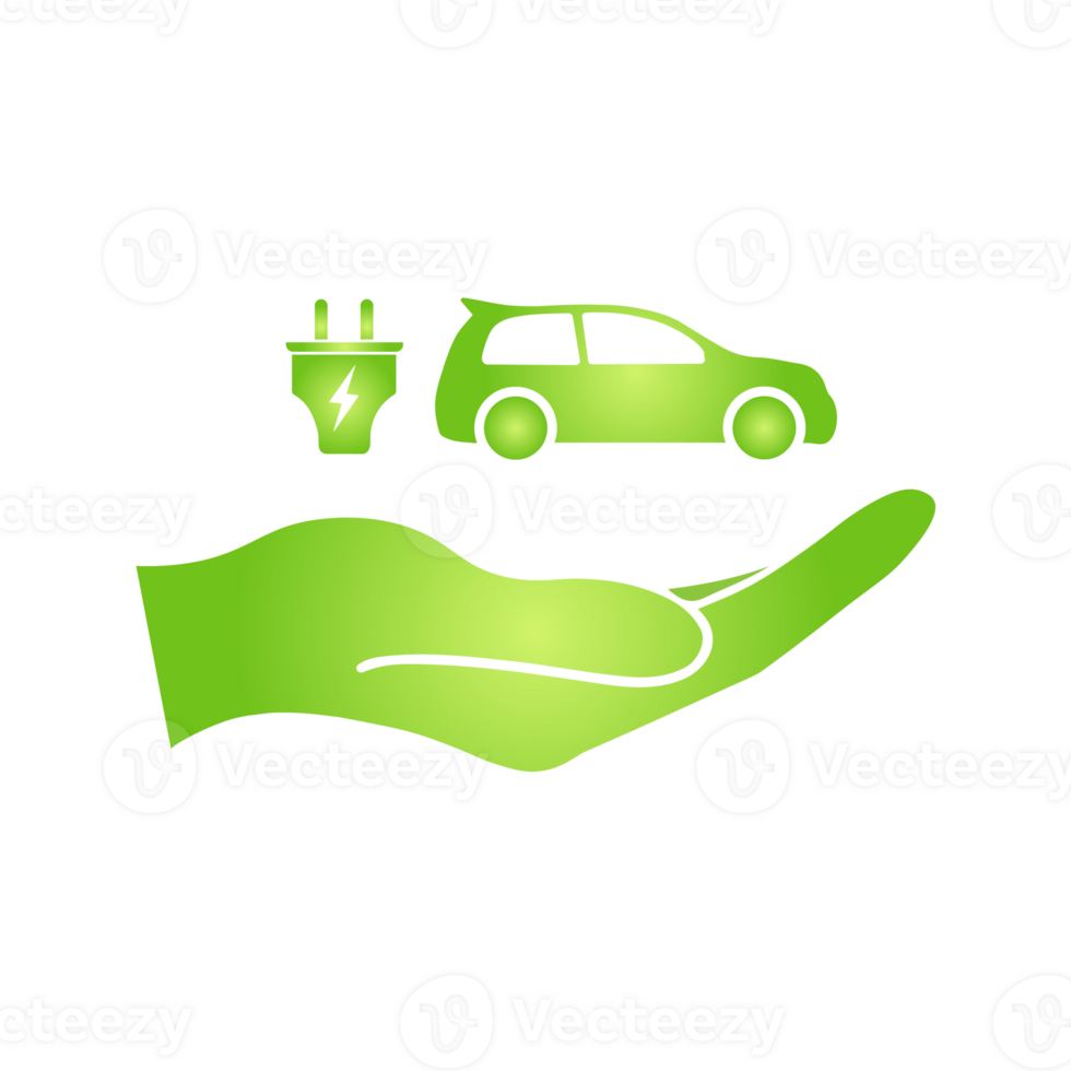 Eco hand with electrocar icon Zero emission vehicle Battery charging station sign png
