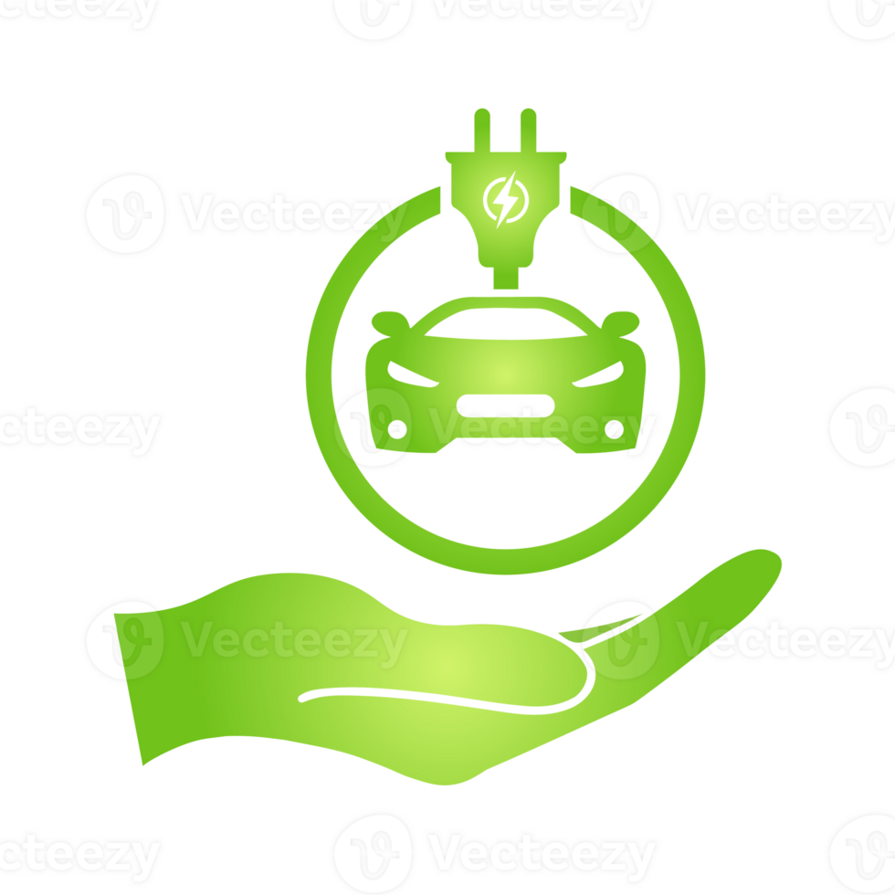 Eco hand with electrocar icon Zero emission vehicle Battery charging station sign png