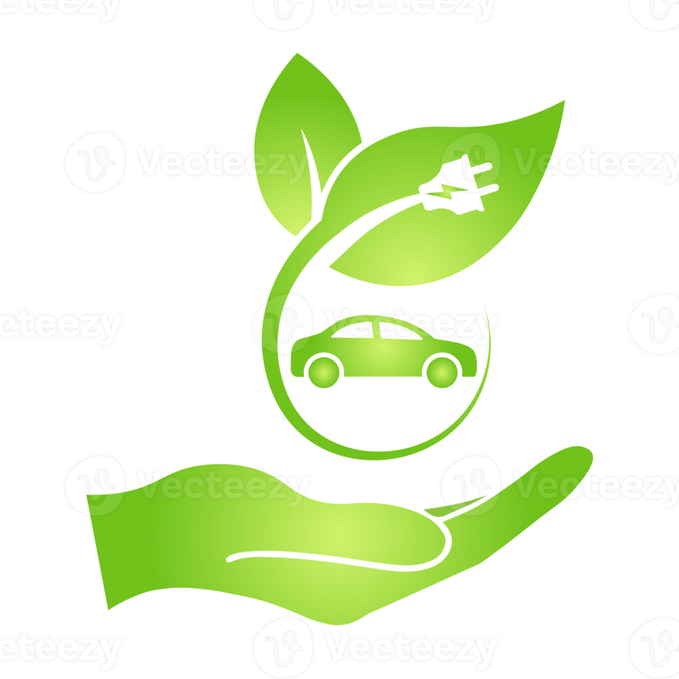 Eco hand with electrocar icon Zero emission vehicle Battery charging station sign png