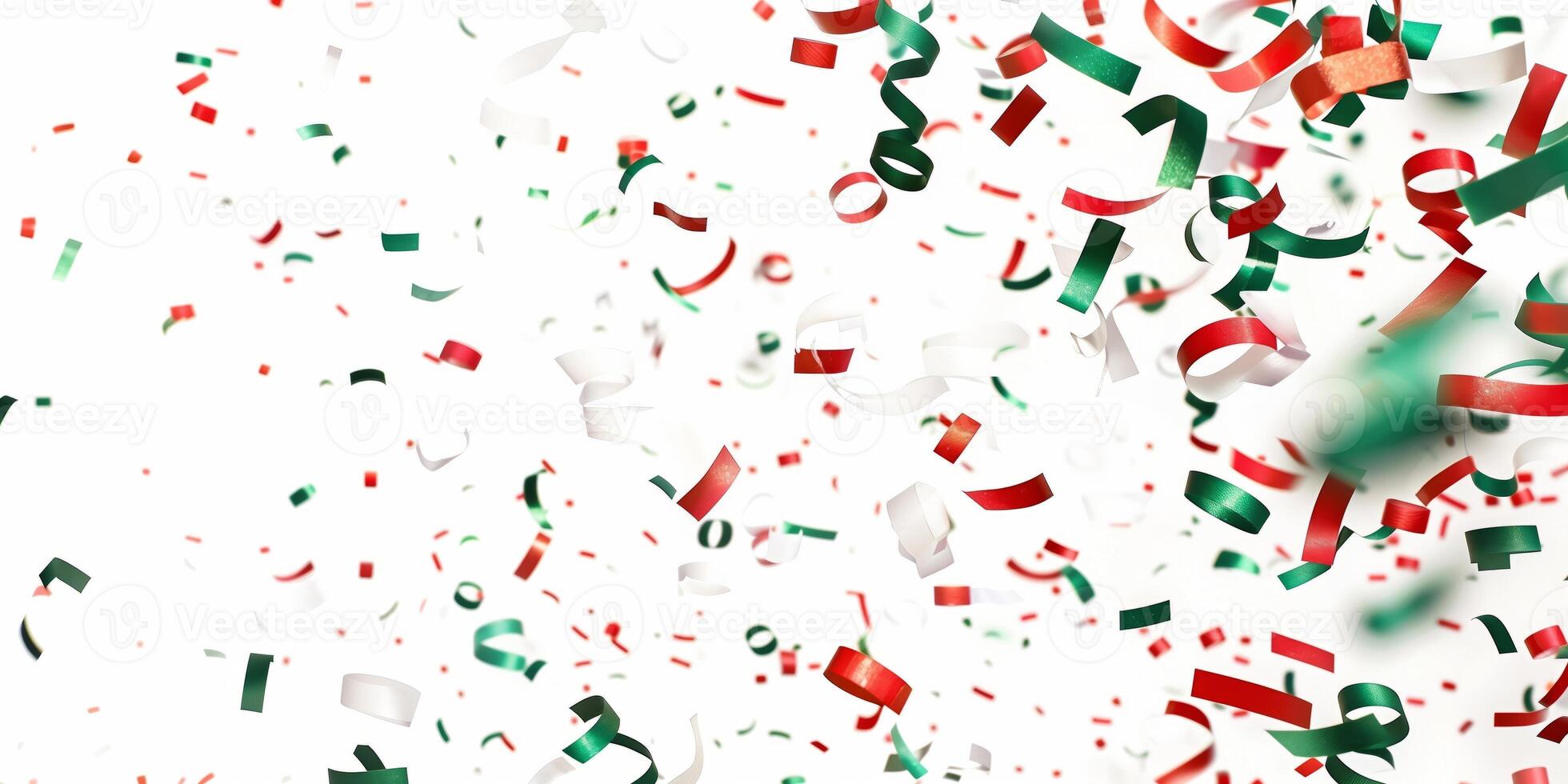 Colorful red, green, and white ribbons and confetti falling on a white background photo