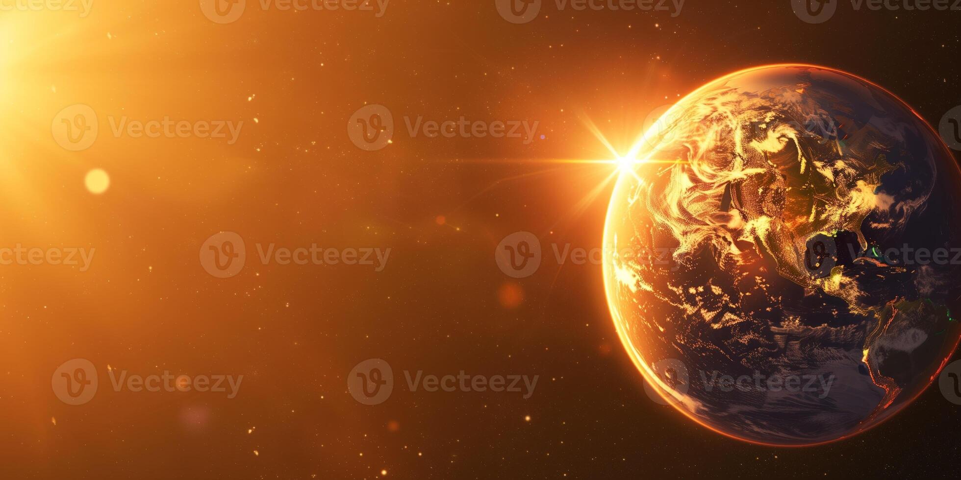 Planet Earth illuminated by the sun with glowing atmosphere in space photo