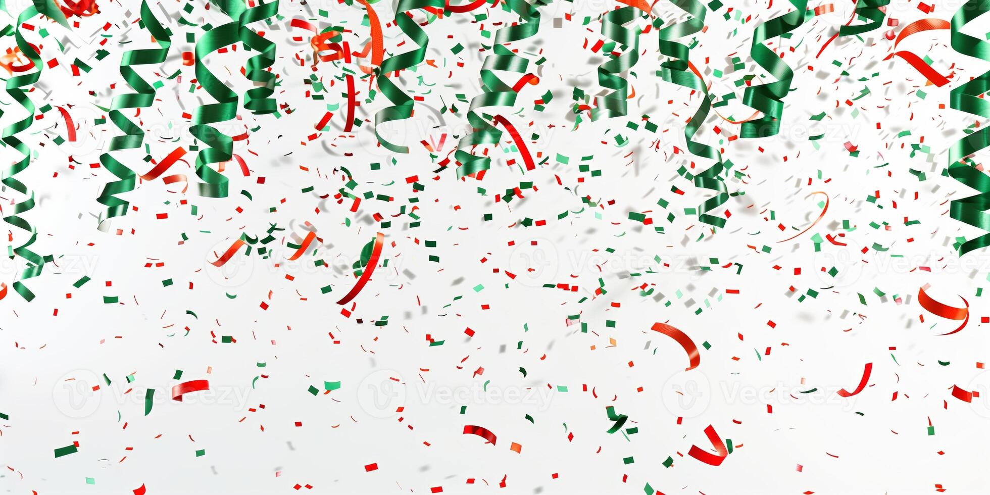 Colorful red, green, and white confetti and ribbons falling from above on a white background photo