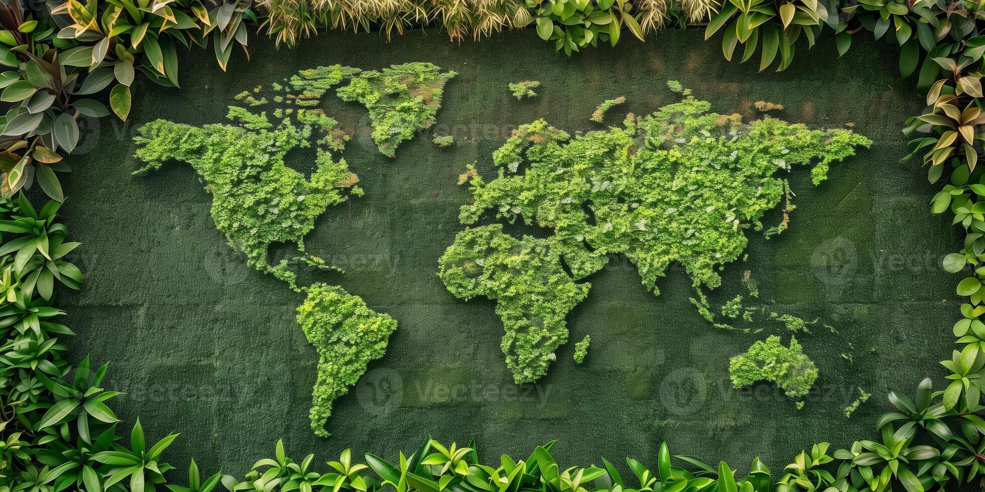 Green world map made of plants and moss surrounded by lush foliage on a dark background photo