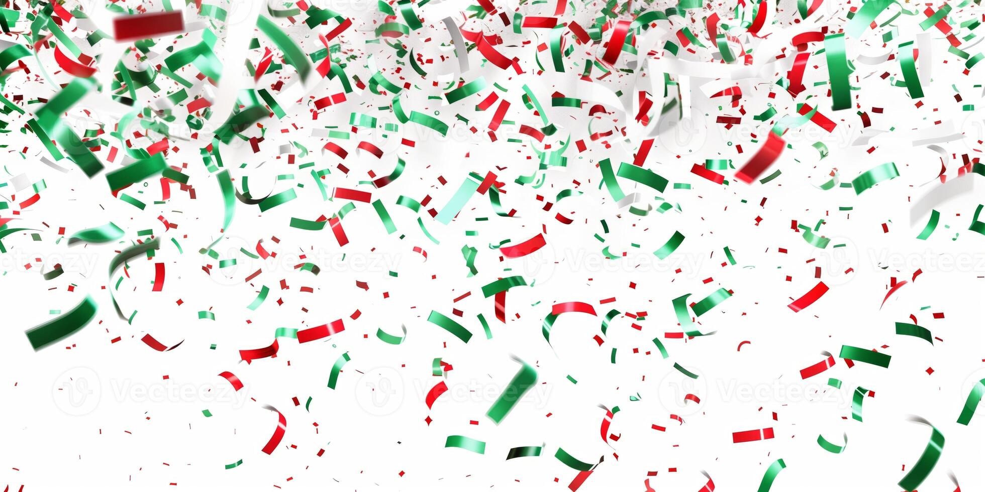 Festive red, green, and white ribbons and confetti scattered in the air on a white background photo