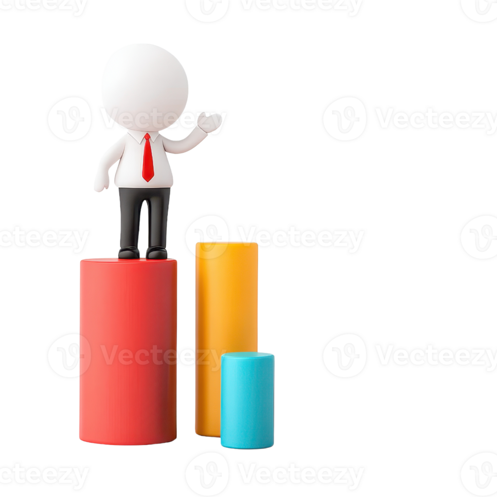 A small figurine with a white head and red tie stands on colorful cylindrical shapes, gesturing with one hand. png