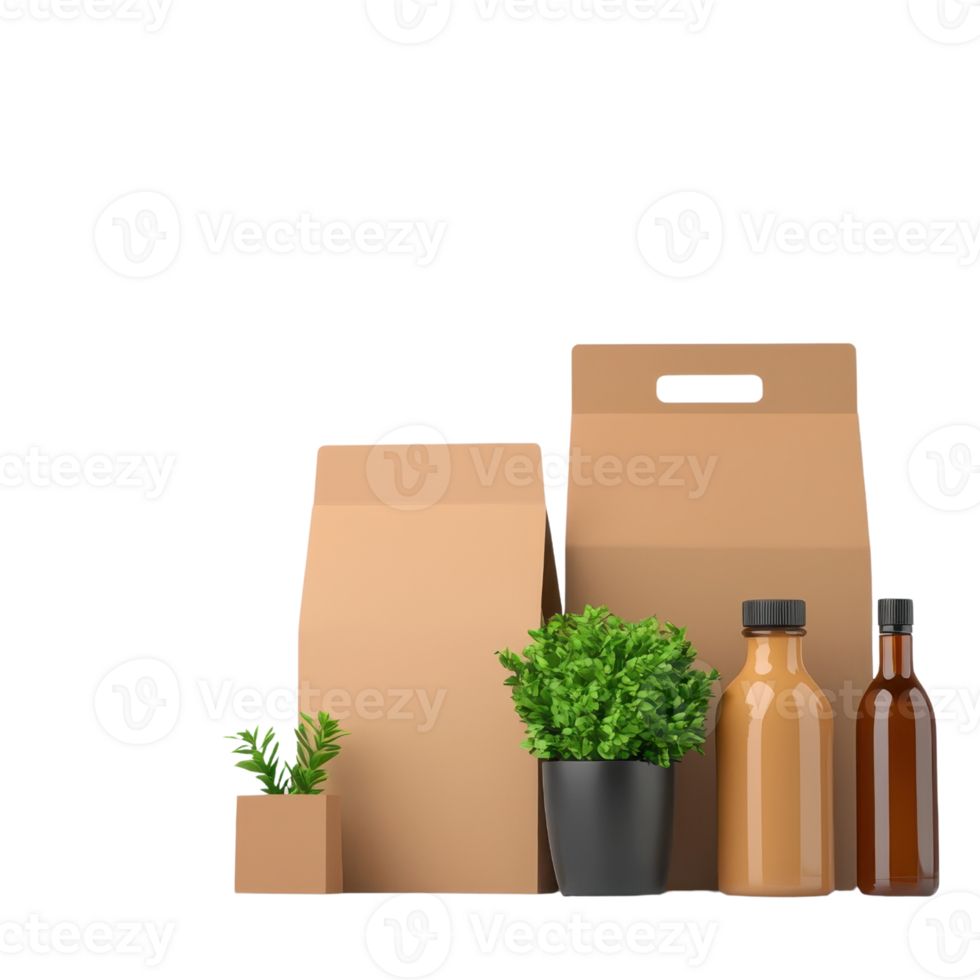 A collection of eco-friendly packaging materials, including cardboard boxes, a plant, and glass bottles, showcasing sustainable storage solutions. png