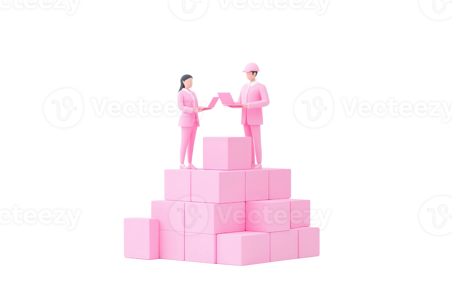 Two figurines in pink attire exchange an item while standing on a pyramid of pink blocks. png