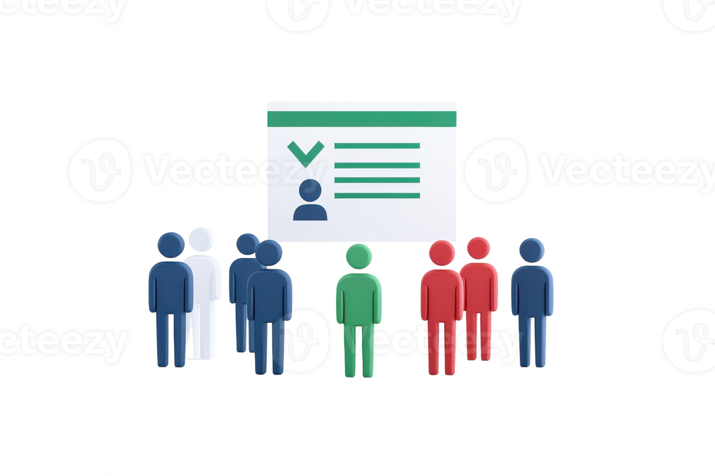 A group of diverse figures stands in front of a displayed identification card, symbolizing identity verification and organization. png