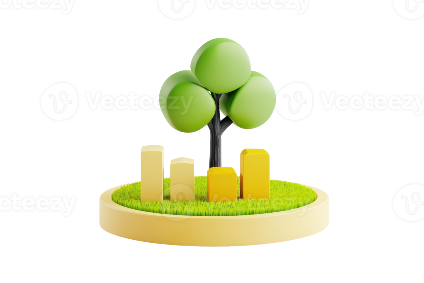 A stylized tree with green foliage stands on a circular base, accompanied by three yellow and beige geometric shapes. png