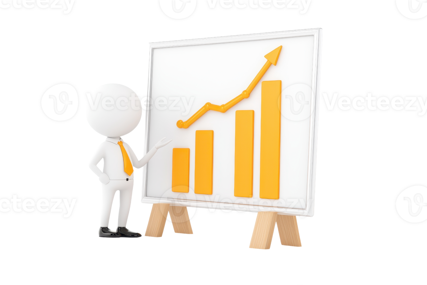 A figure in a suit gestures toward a chart with ascending bars, indicating growth or progress. png