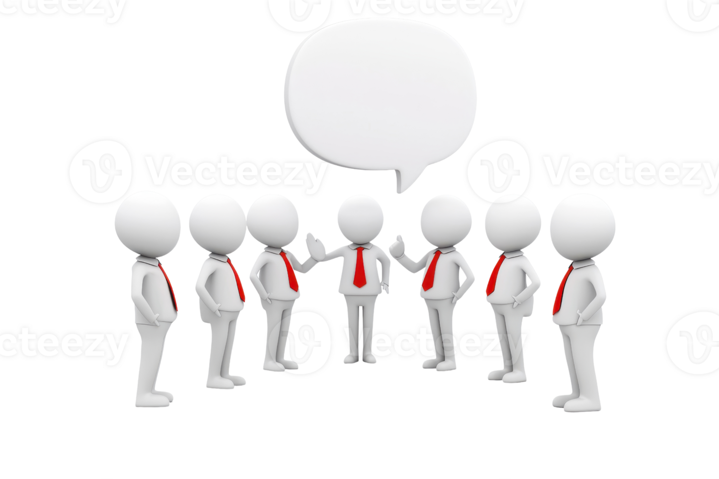 A group of eight stylized figures in suits, engaged in discussion, with one figure gesturing while another speaks within a speech bubble. png