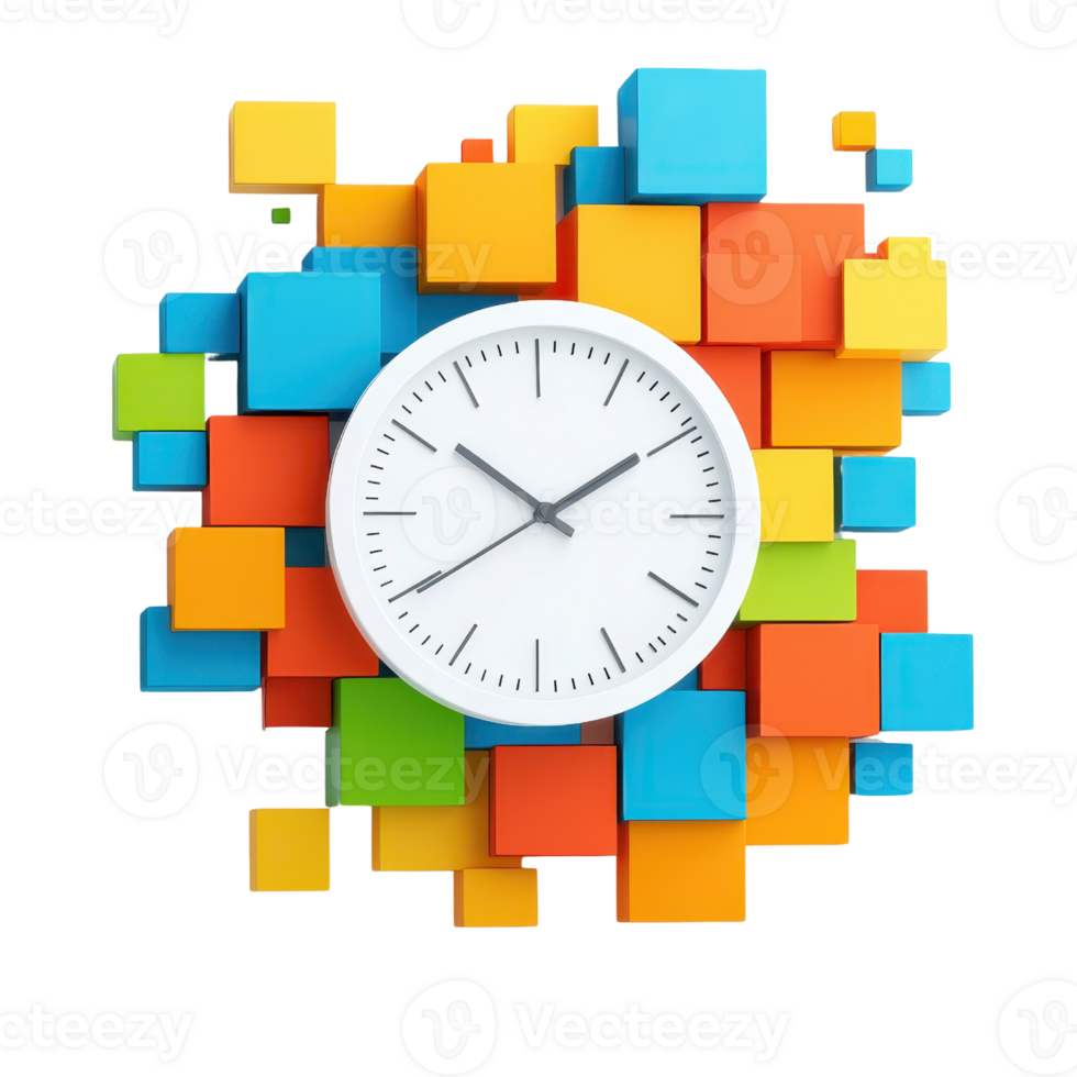 A colorful clock surrounded by vibrant geometric blocks, emphasizing time and creativity. png