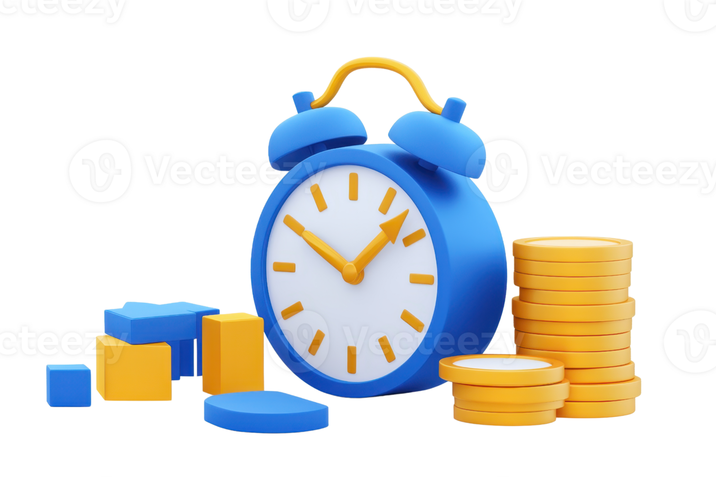A colorful alarm clock surrounded by stacks of vibrant coins and geometric shapes, symbolizing time and financial concepts. png