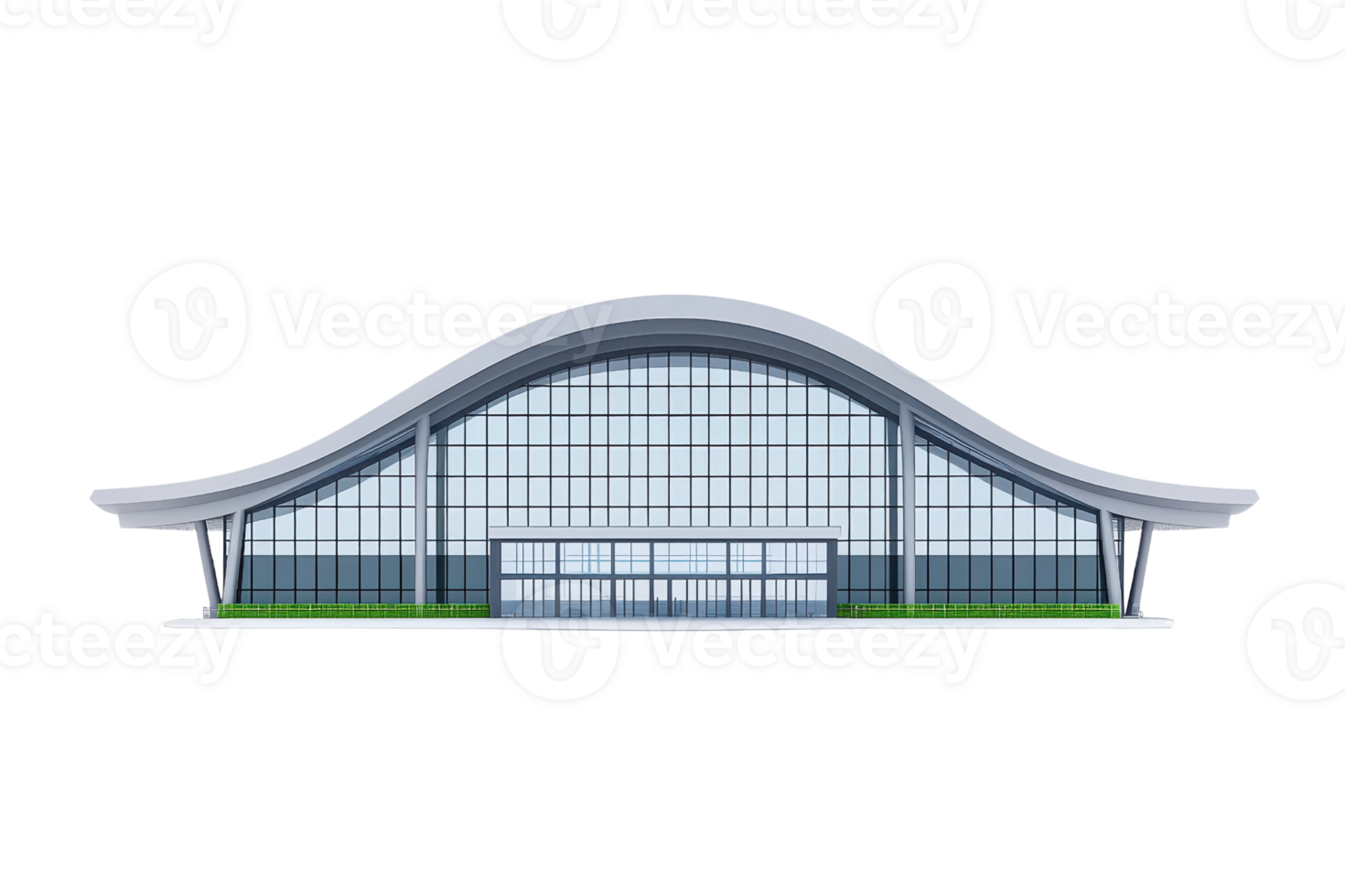 A modern architectural structure featuring a curved roof and large glass windows. png