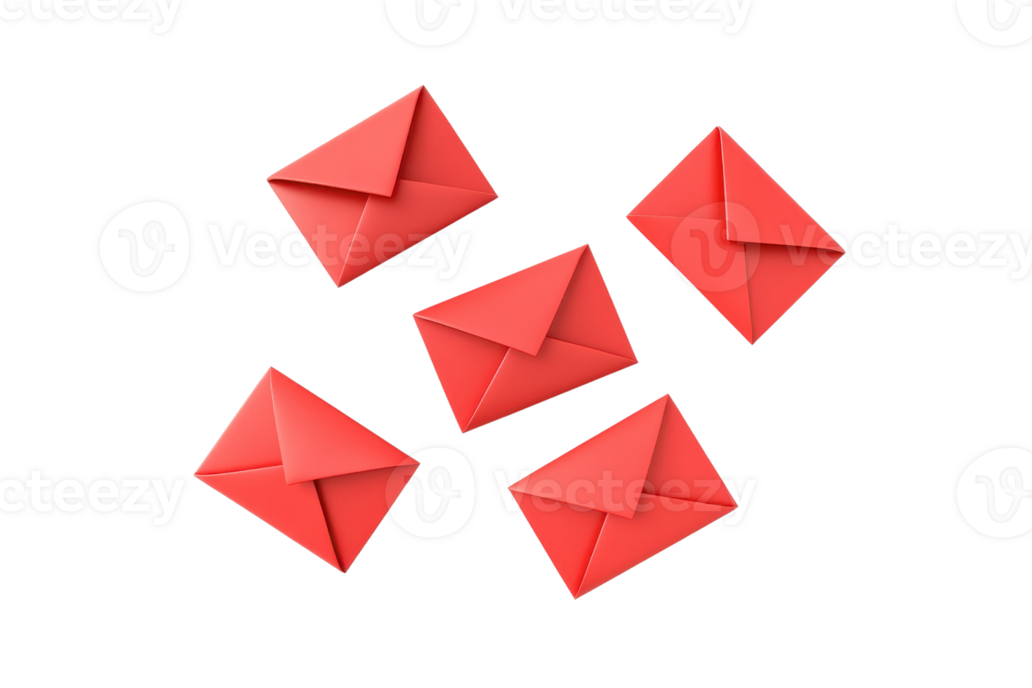 Five red envelopes arranged creatively, showcasing their vibrant color and distinct shape. png