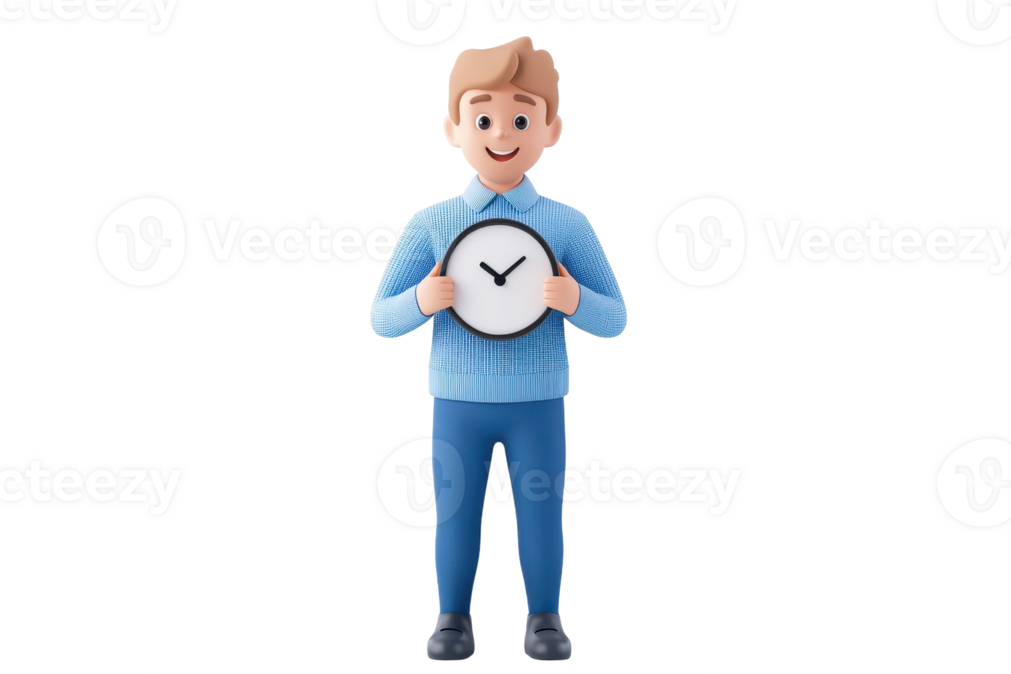 A cheerful character holds a clock, wearing a blue outfit, symbolizing time management and punctuality. png