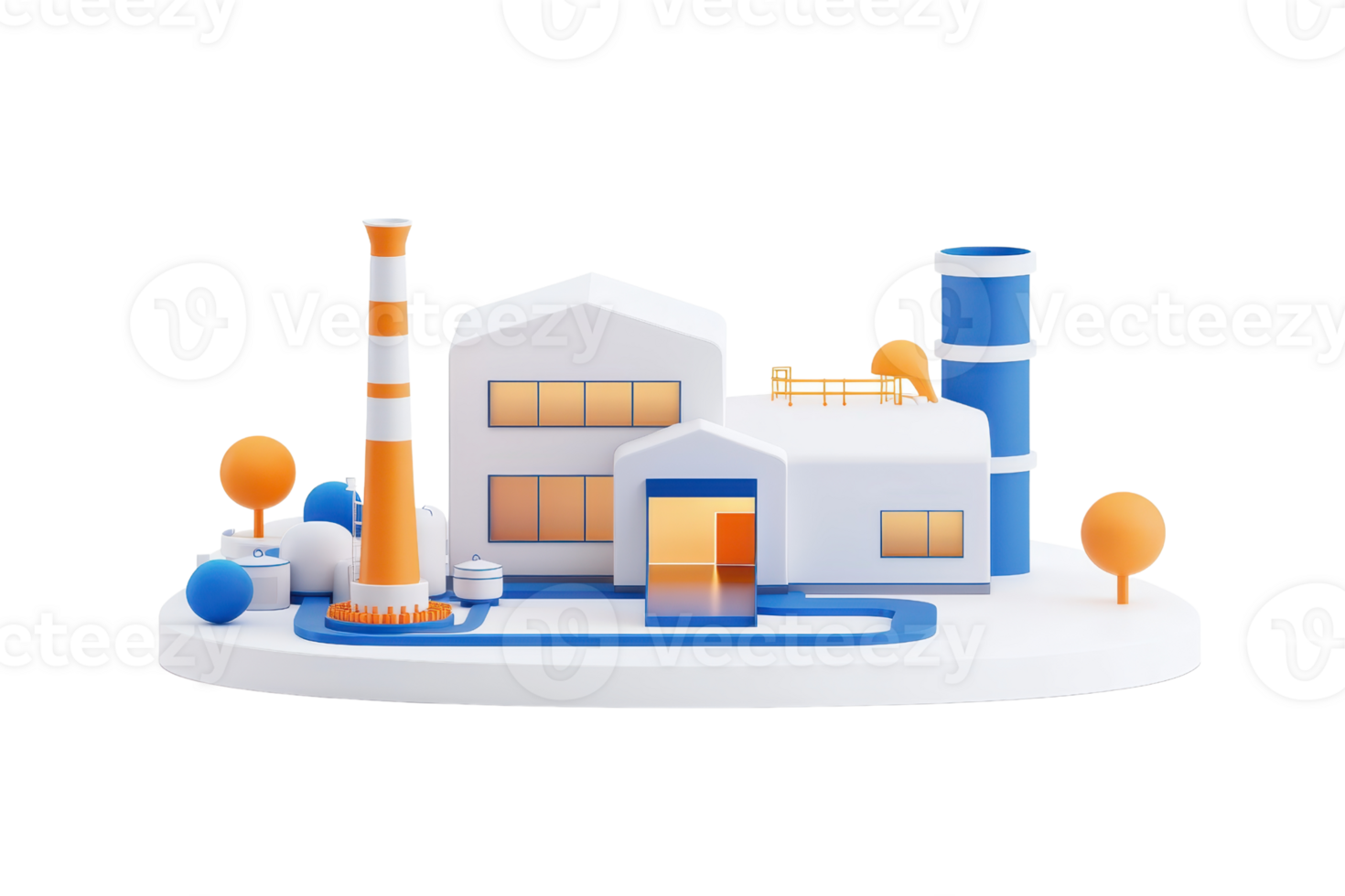 A stylized industrial facility featuring a factory, smokestack, and trees, characterized by bright colors and simplistic design. png