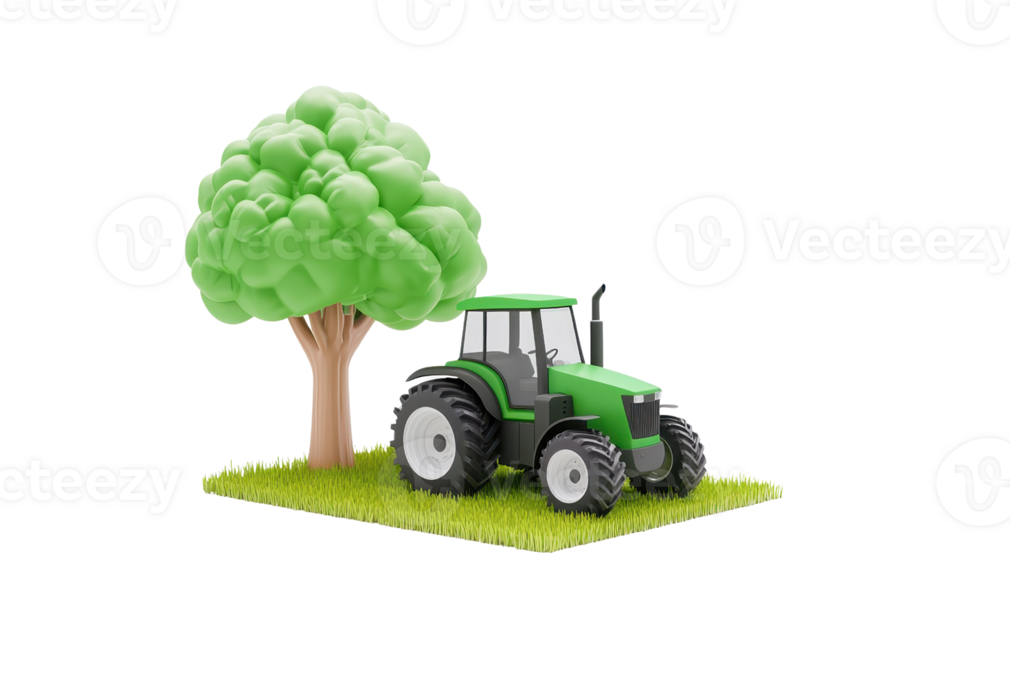 A green tractor positioned next to a stylized tree, set on a patch of grass. png