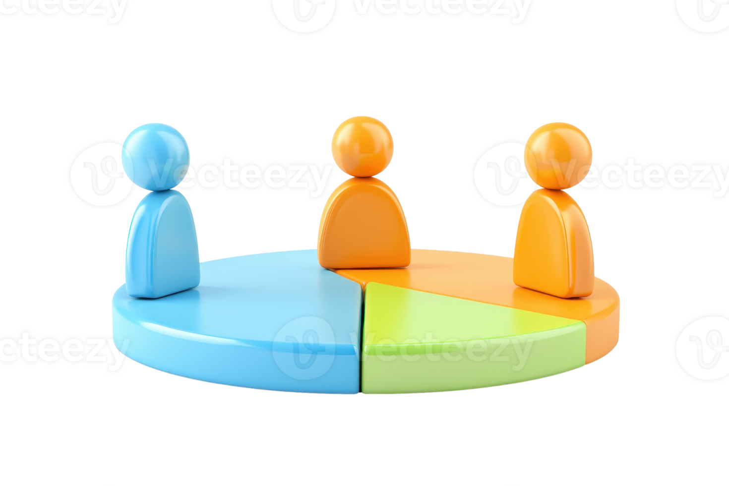 Colorful figures on a segmented pie chart represent teamwork and collaboration. png